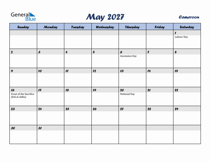 May 2027 Calendar with Holidays in Cameroon