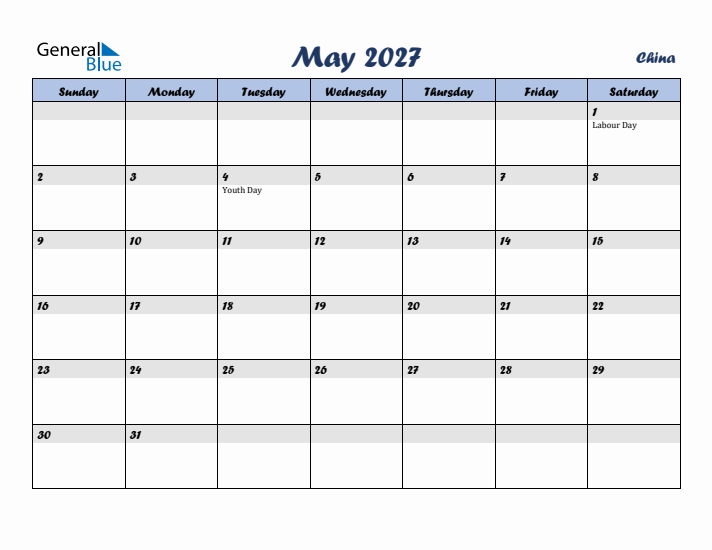 May 2027 Calendar with Holidays in China