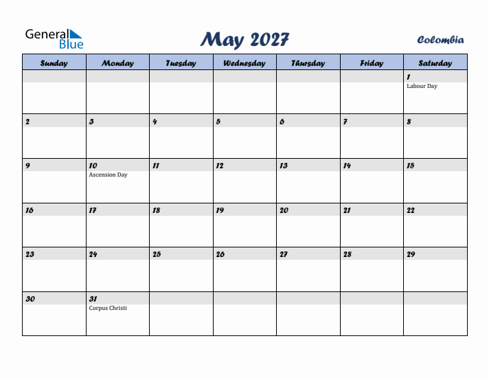 May 2027 Calendar with Holidays in Colombia
