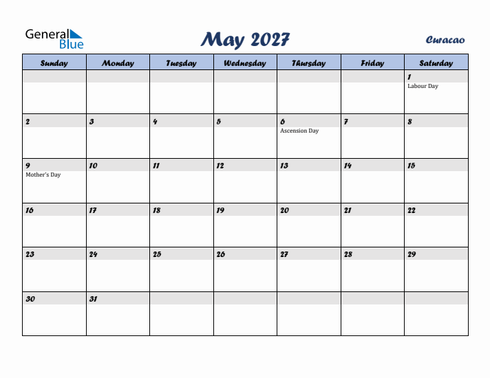 May 2027 Calendar with Holidays in Curacao