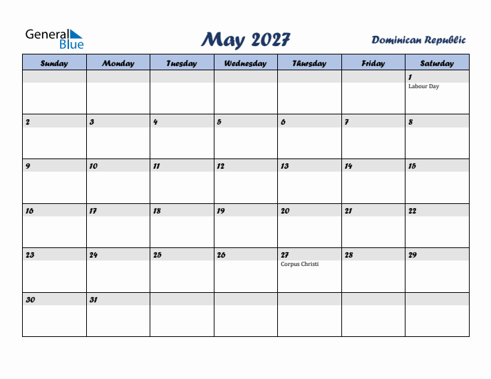 May 2027 Calendar with Holidays in Dominican Republic