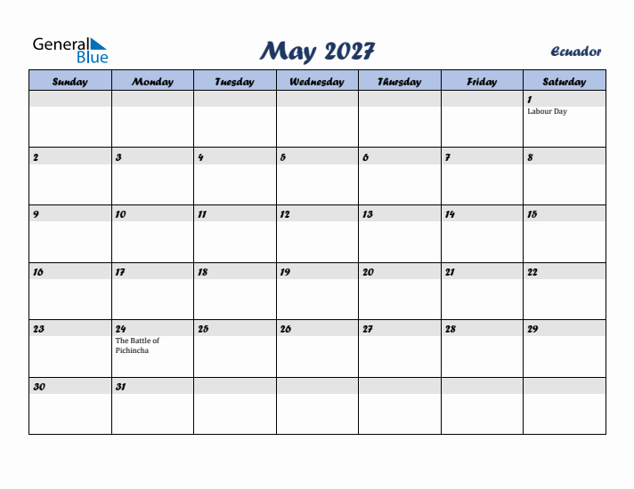May 2027 Calendar with Holidays in Ecuador