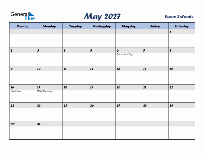 May 2027 Calendar with Holidays in Faroe Islands