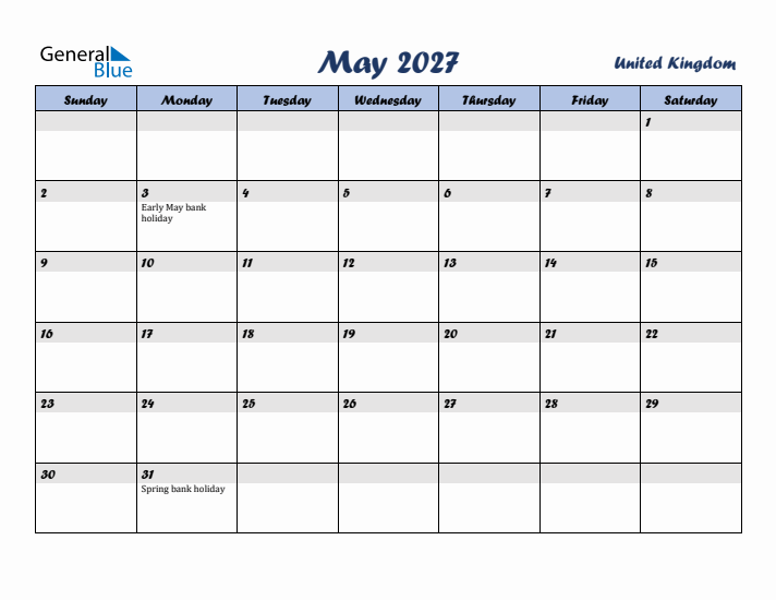 May 2027 Calendar with Holidays in United Kingdom
