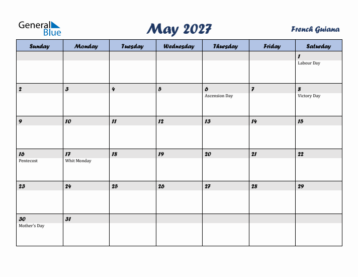 May 2027 Calendar with Holidays in French Guiana