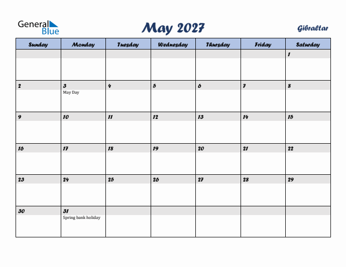 May 2027 Calendar with Holidays in Gibraltar