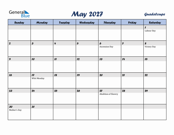 May 2027 Calendar with Holidays in Guadeloupe