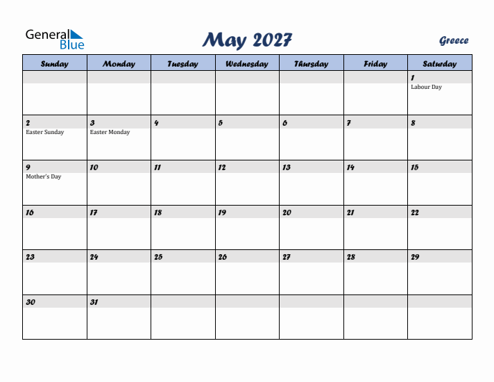 May 2027 Calendar with Holidays in Greece