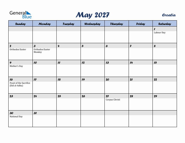 May 2027 Calendar with Holidays in Croatia