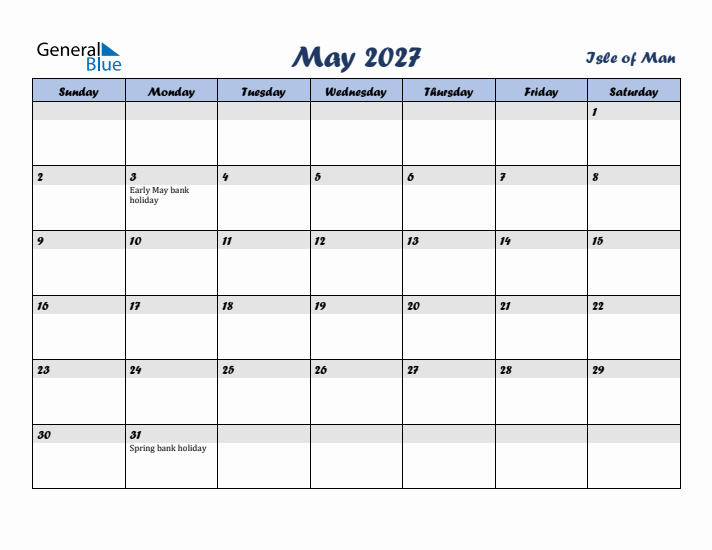 May 2027 Calendar with Holidays in Isle of Man