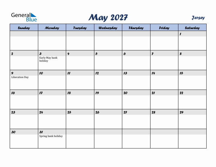 May 2027 Calendar with Holidays in Jersey