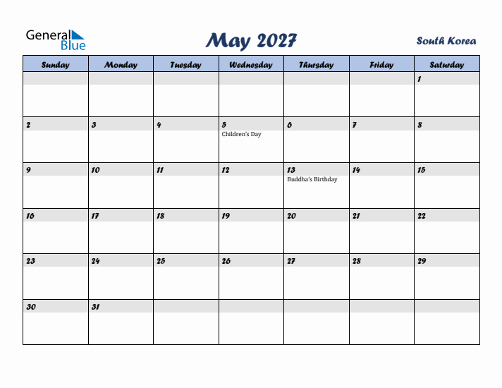 May 2027 Calendar with Holidays in South Korea