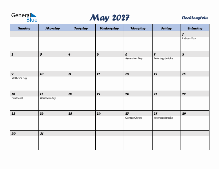 May 2027 Calendar with Holidays in Liechtenstein