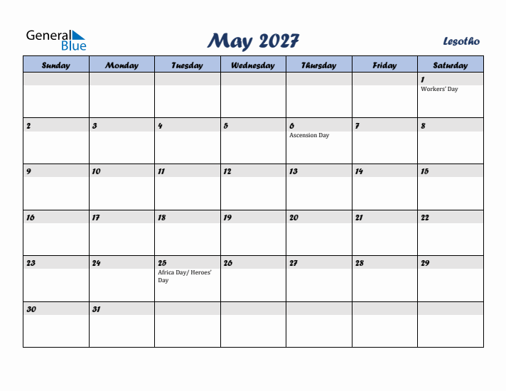 May 2027 Calendar with Holidays in Lesotho