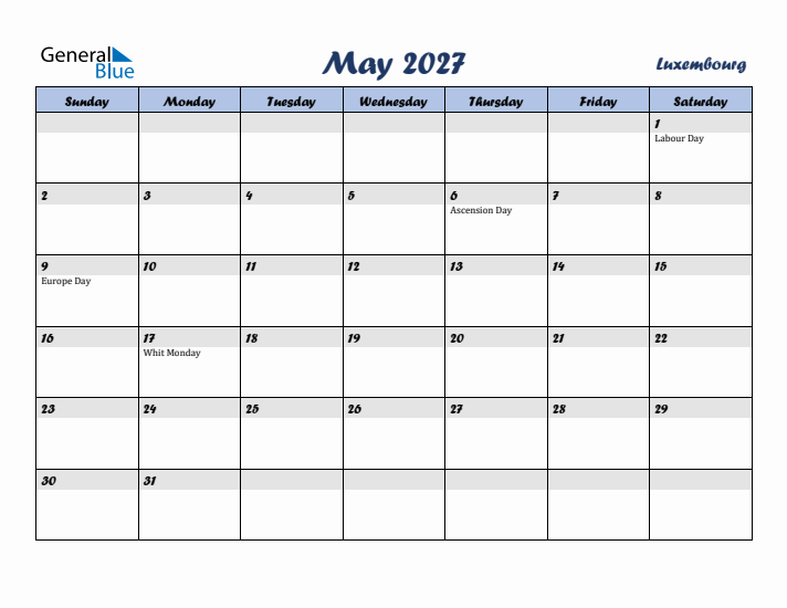 May 2027 Calendar with Holidays in Luxembourg