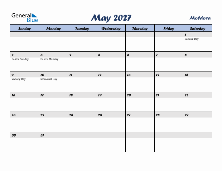 May 2027 Calendar with Holidays in Moldova