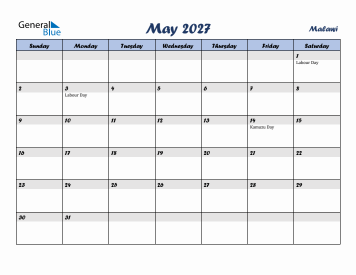 May 2027 Calendar with Holidays in Malawi