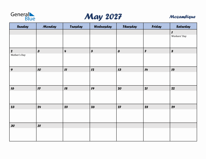 May 2027 Calendar with Holidays in Mozambique