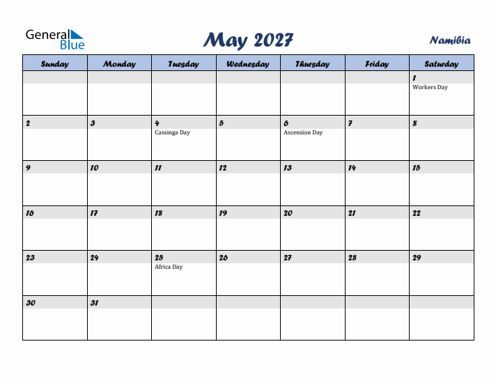 May 2027 Calendar with Holidays in Namibia