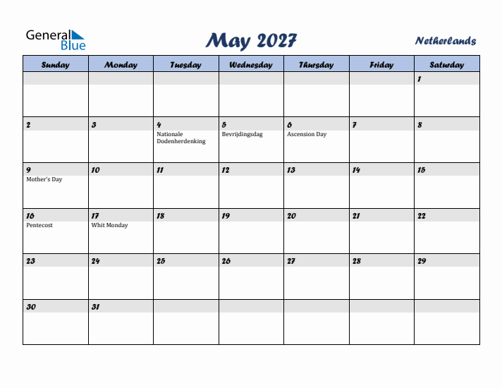 May 2027 Calendar with Holidays in The Netherlands