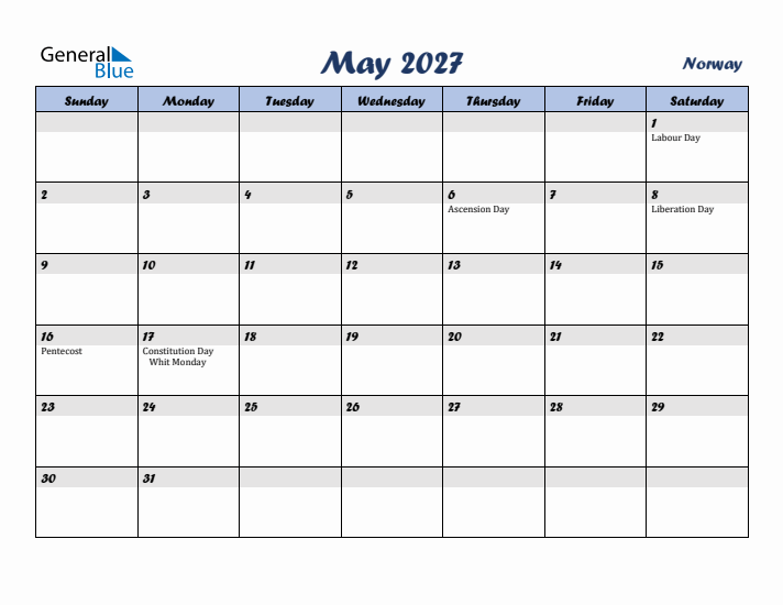 May 2027 Calendar with Holidays in Norway