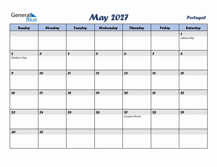 May 2027 Calendar with Holidays in Portugal