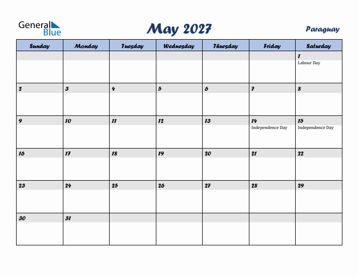 May 2027 Calendar with Holidays in Paraguay