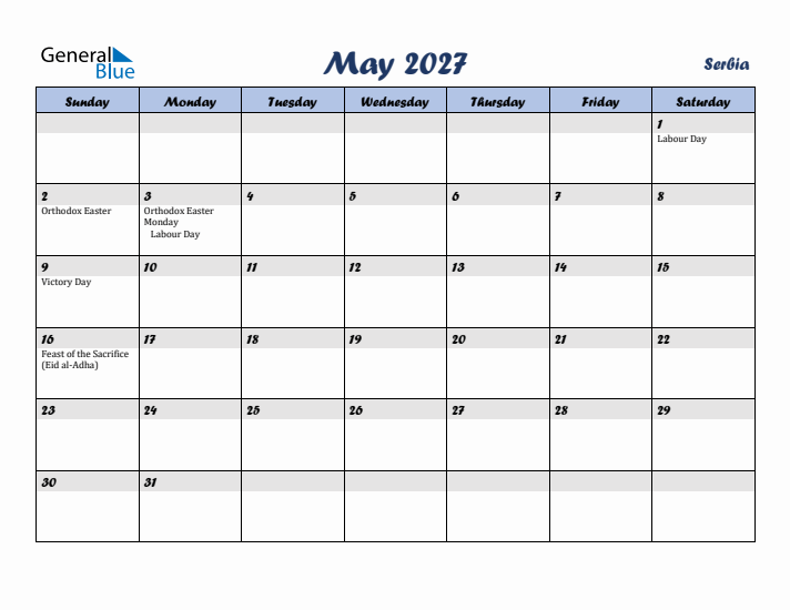 May 2027 Calendar with Holidays in Serbia