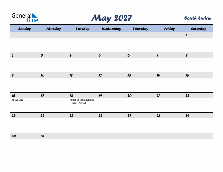 May 2027 Calendar with Holidays in South Sudan