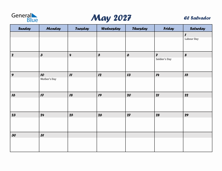 May 2027 Calendar with Holidays in El Salvador