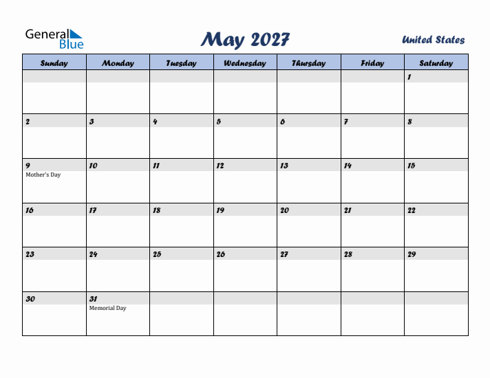 May 2027 Calendar with Holidays in United States