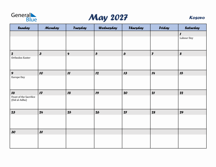 May 2027 Calendar with Holidays in Kosovo