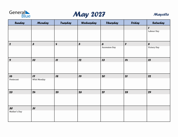 May 2027 Calendar with Holidays in Mayotte