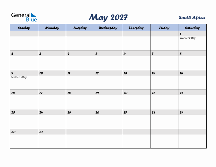 May 2027 Calendar with Holidays in South Africa