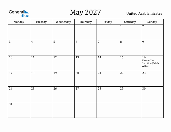 May 2027 Calendar United Arab Emirates