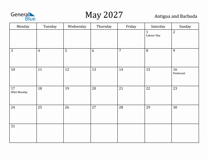 May 2027 Calendar Antigua and Barbuda