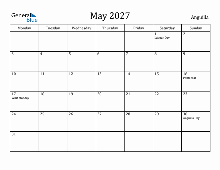 May 2027 Calendar Anguilla
