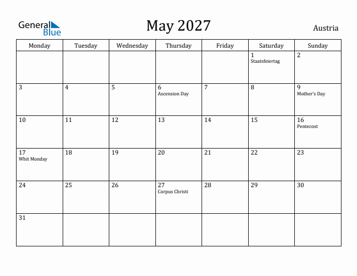 May 2027 Calendar Austria