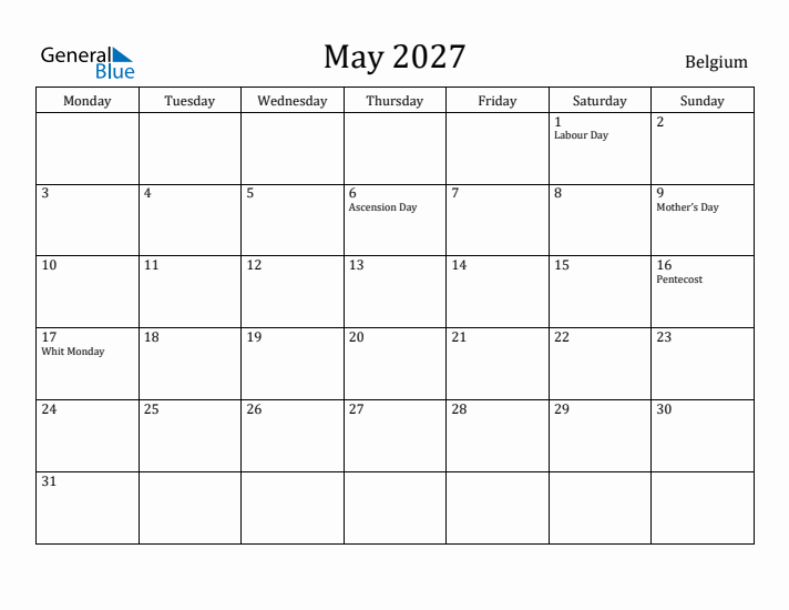 May 2027 Calendar Belgium