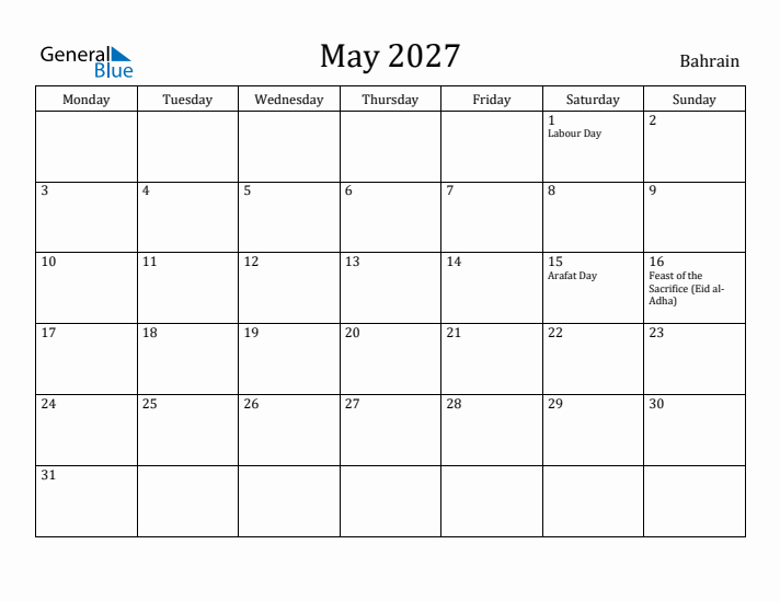 May 2027 Calendar Bahrain