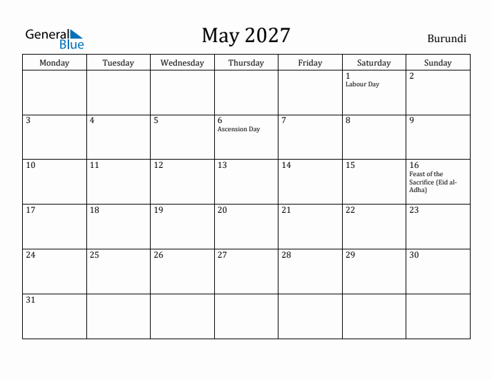 May 2027 Calendar Burundi
