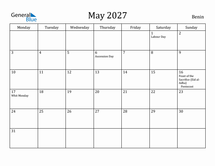 May 2027 Calendar Benin