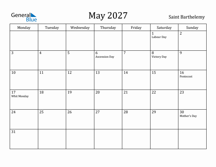 May 2027 Calendar Saint Barthelemy