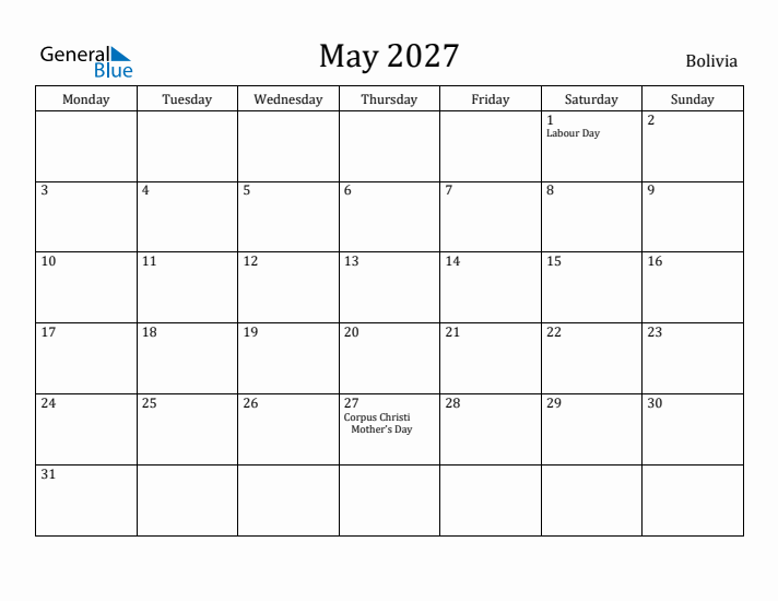 May 2027 Calendar Bolivia