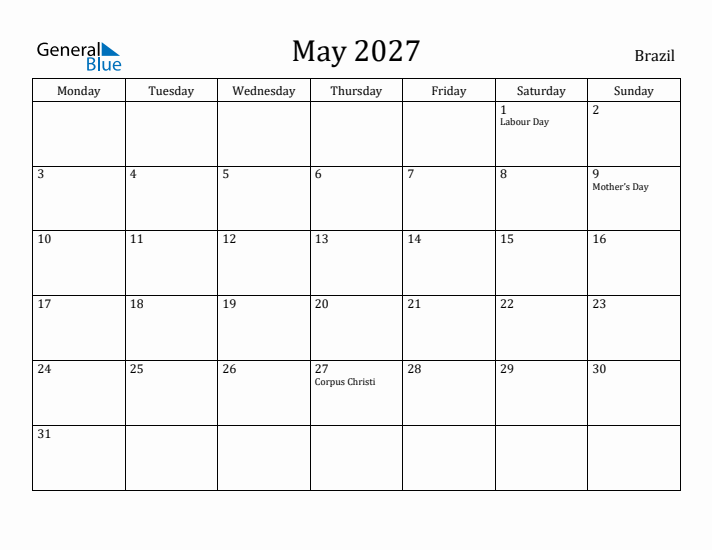 May 2027 Calendar Brazil