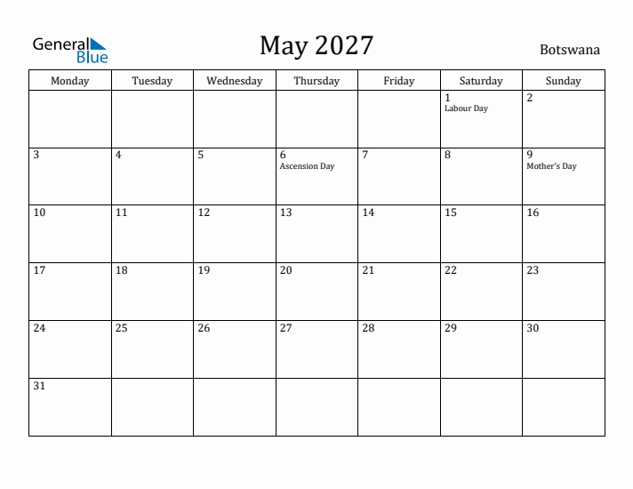 May 2027 Calendar Botswana