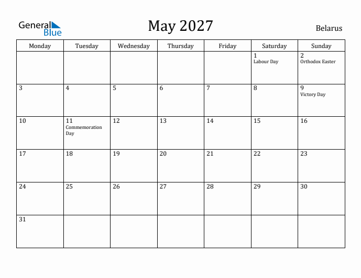 May 2027 Calendar Belarus