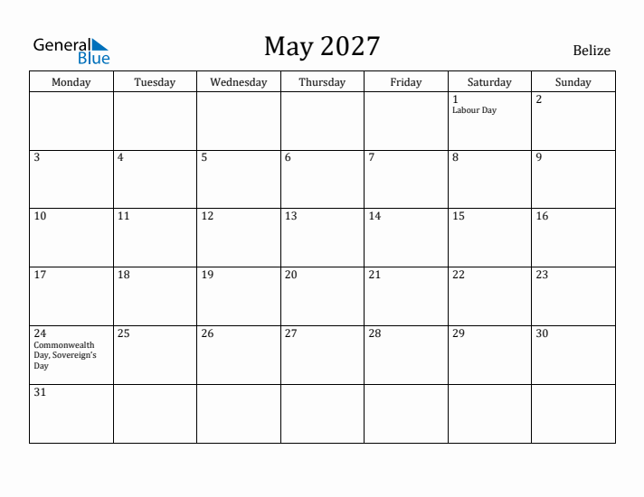 May 2027 Calendar Belize
