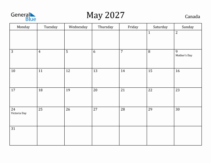 May 2027 Calendar Canada