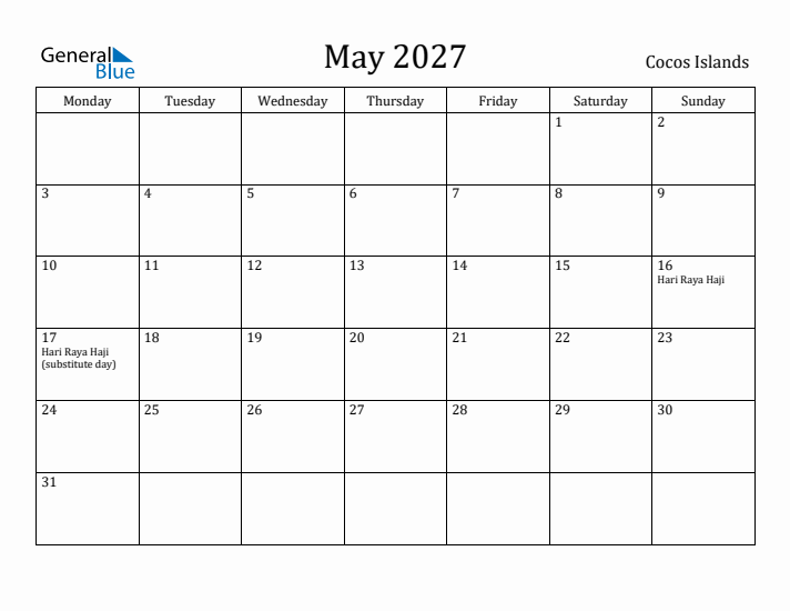 May 2027 Calendar Cocos Islands